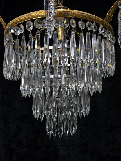 Beautiful Antique French Brass 4 Tier Crystal Waterfall Chandelier Ceiling Light