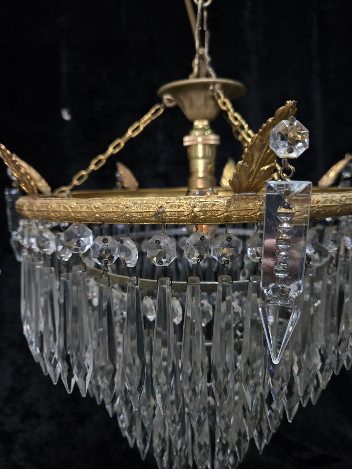 Beautiful Antique French Brass 4 Tier Crystal Waterfall Chandelier Ceiling Light