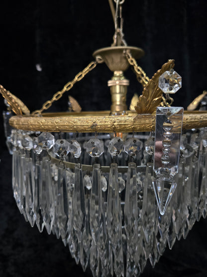 Beautiful Antique French Brass 4 Tier Crystal Waterfall Chandelier Ceiling Light