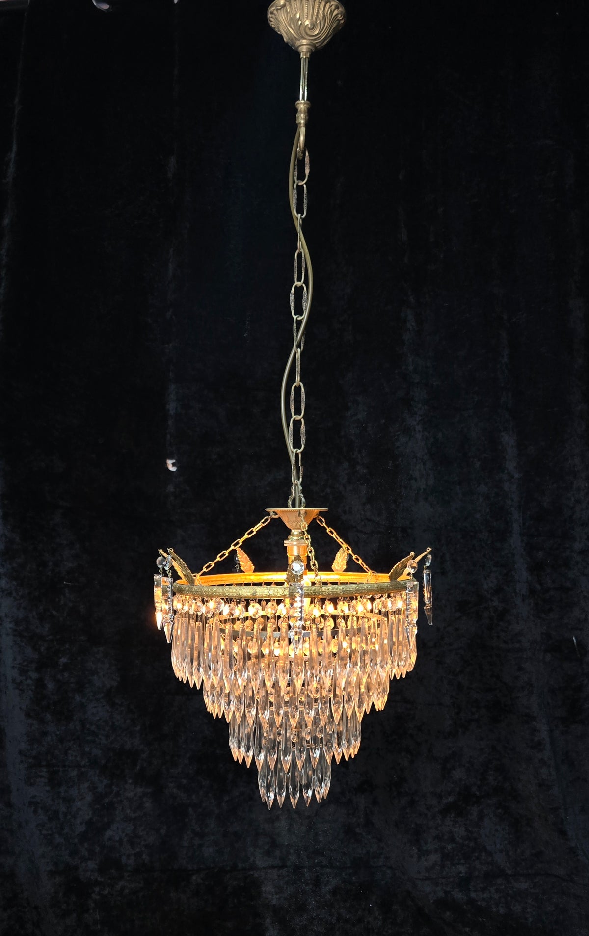 Beautiful Antique French Brass 4 Tier Crystal Waterfall Chandelier Ceiling Light