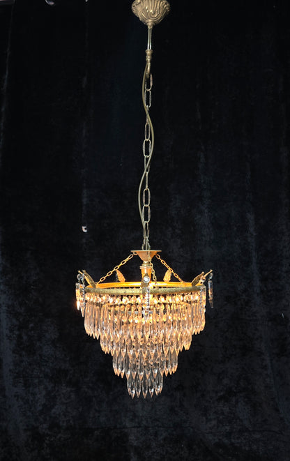 Beautiful Antique French Brass 4 Tier Crystal Waterfall Chandelier Ceiling Light