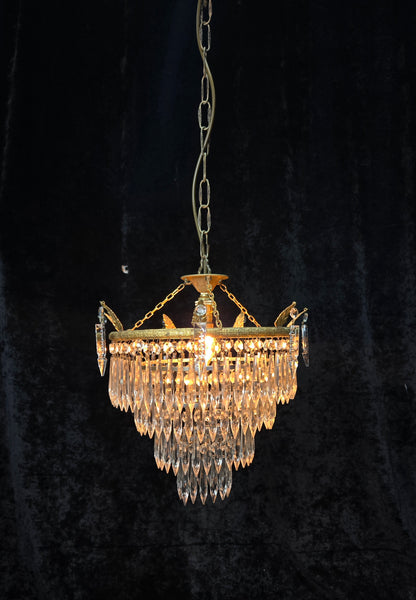 Beautiful Antique French Brass 4 Tier Crystal Waterfall Chandelier Ceiling Light
