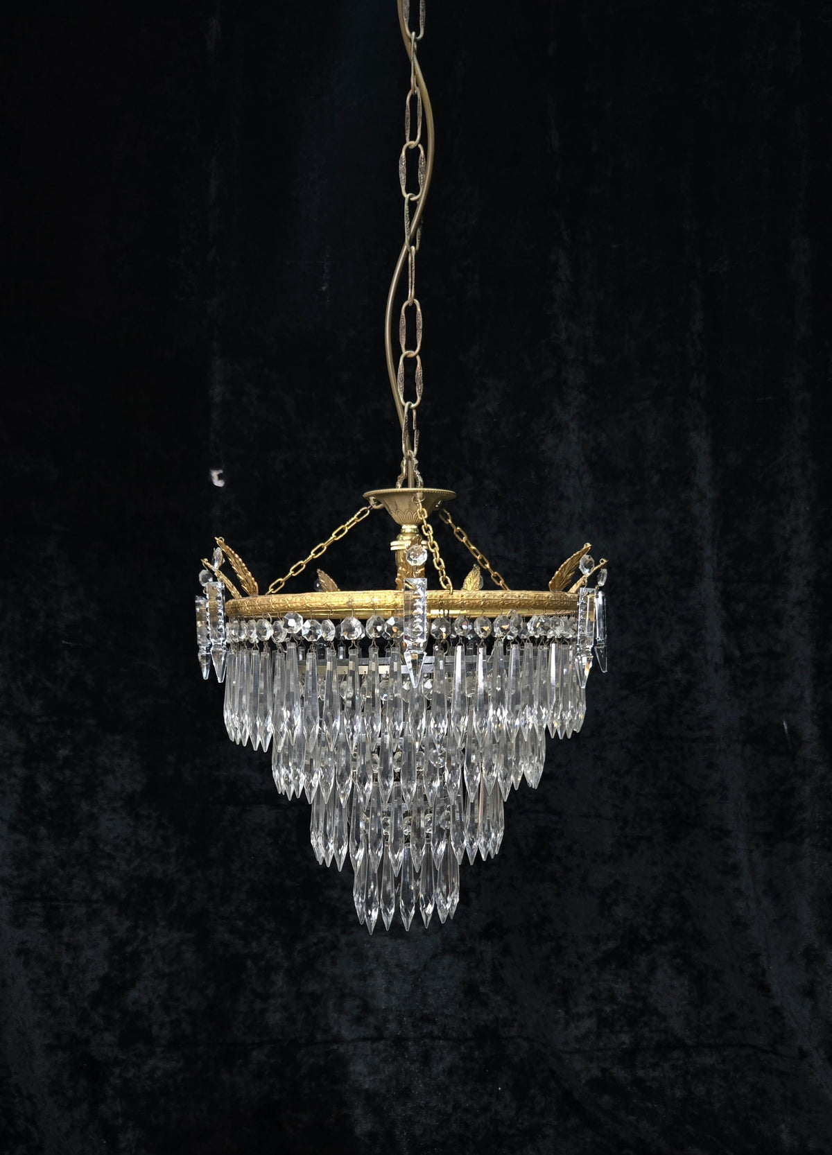 Beautiful Antique French Brass 4 Tier Crystal Waterfall Chandelier Ceiling Light