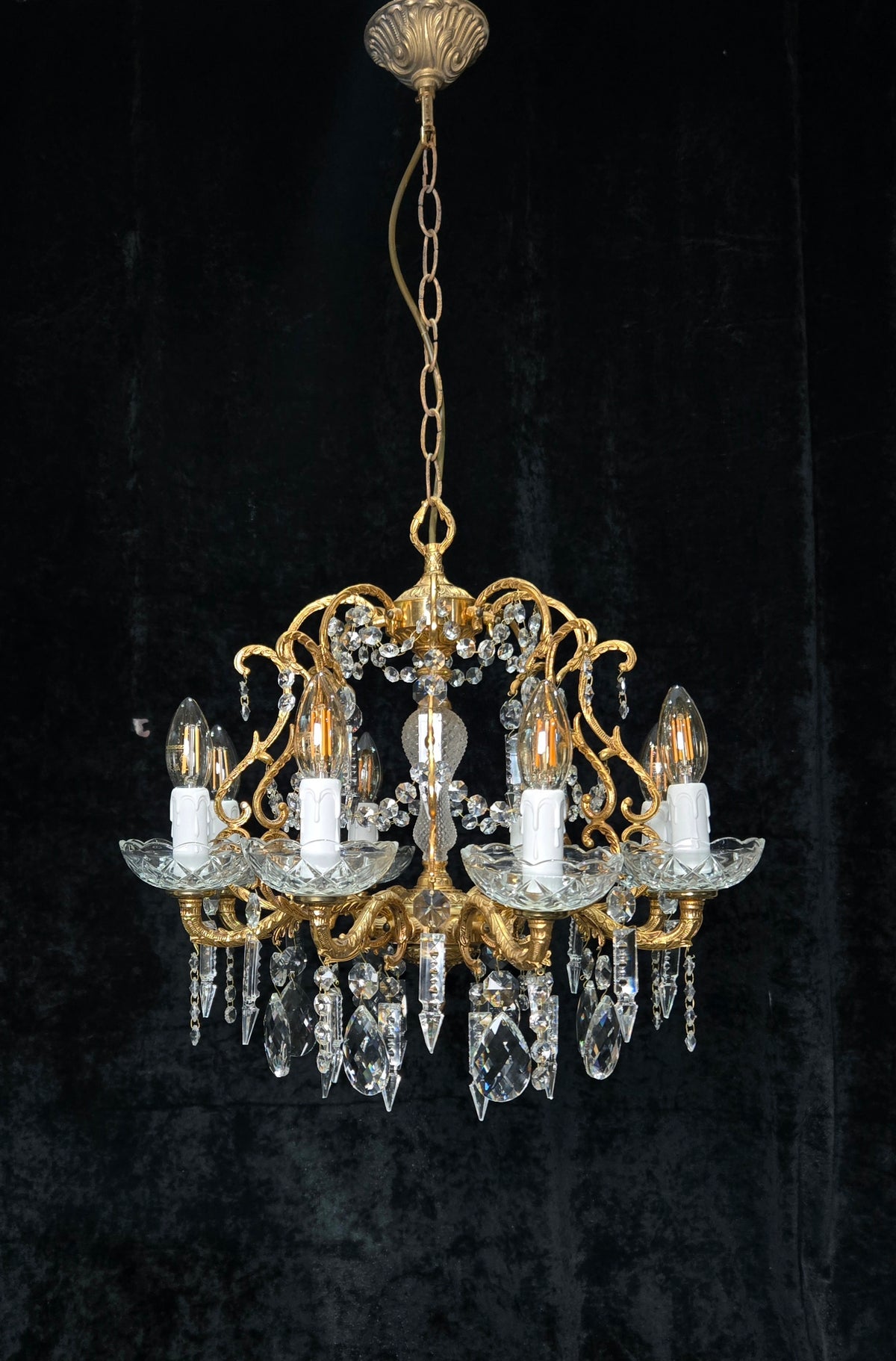 Beautiful Vintage 8 Arm Brass Cage Crystal Chandelier Ceiling Light