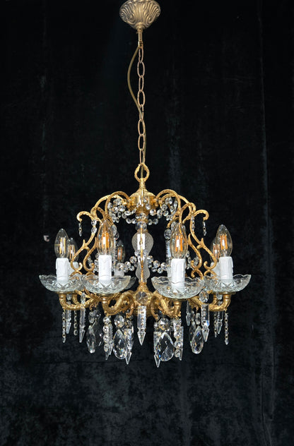 Beautiful Vintage 8 Arm Brass Cage Crystal Chandelier Ceiling Light