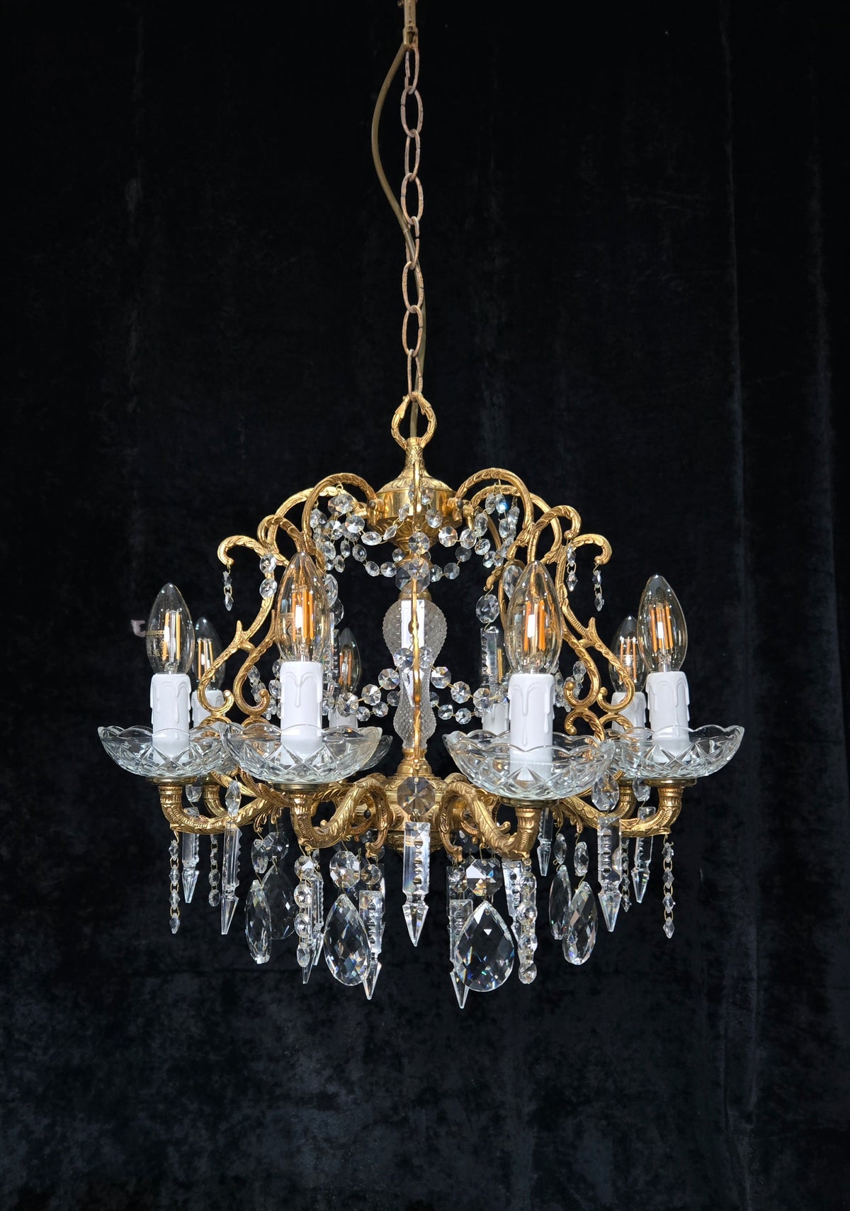 Beautiful Vintage 8 Arm Brass Cage Crystal Chandelier Ceiling Light