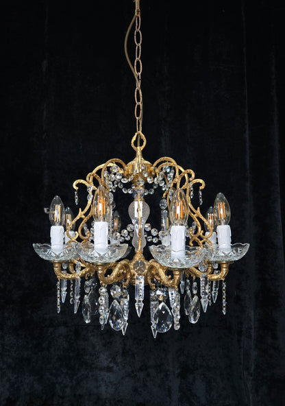 Beautiful Vintage 8 Arm Brass Cage Crystal Chandelier Ceiling Light