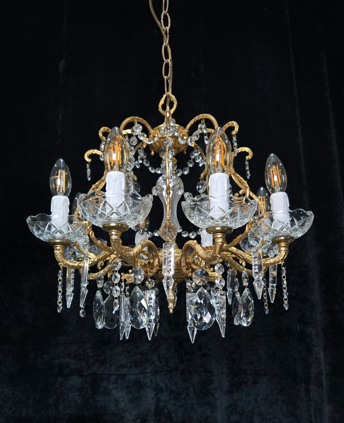 Beautiful Vintage 8 Arm Brass Cage Crystal Chandelier Ceiling Light