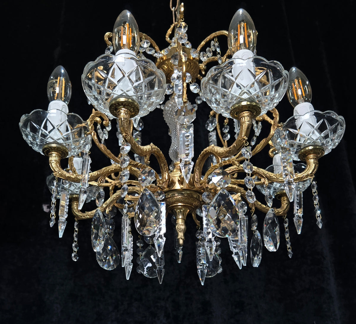 Beautiful Vintage 8 Arm Brass Cage Crystal Chandelier Ceiling Light
