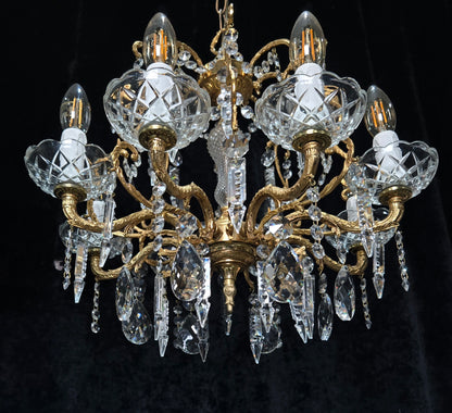 Beautiful Vintage 8 Arm Brass Cage Crystal Chandelier Ceiling Light