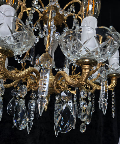Beautiful Vintage 8 Arm Brass Cage Crystal Chandelier Ceiling Light