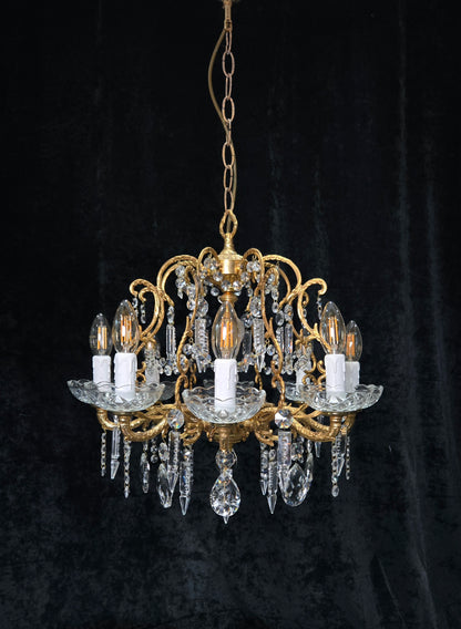 Beautiful Vintage 8 Arm Brass Cage Crystal Chandelier Ceiling Light