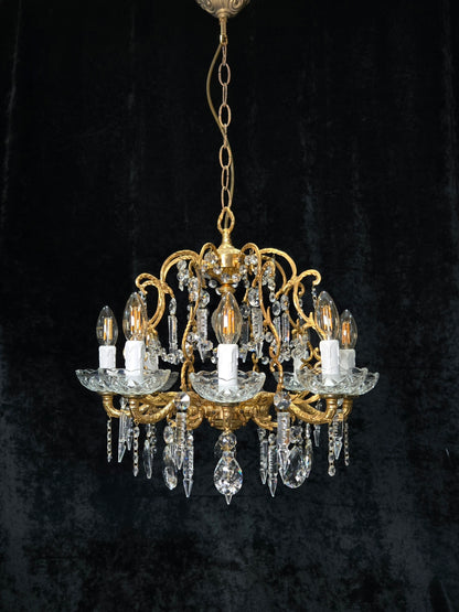 Beautiful Vintage 8 Arm Brass Cage Crystal Chandelier Ceiling Light