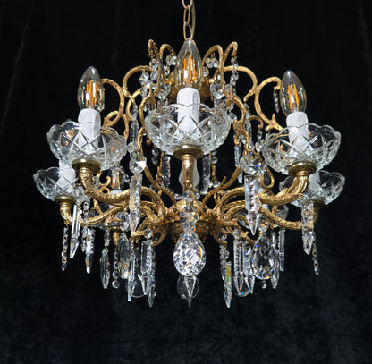 Beautiful Vintage 8 Arm Brass Cage Crystal Chandelier Ceiling Light