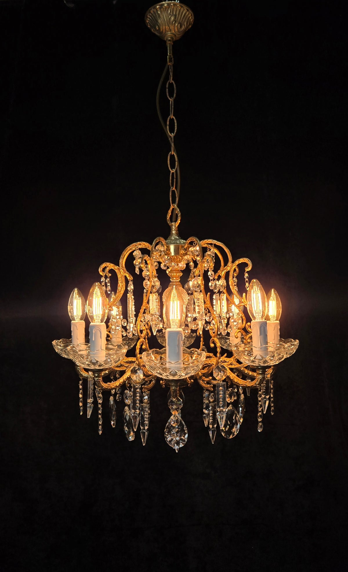 Beautiful Vintage 8 Arm Brass Cage Crystal Chandelier Ceiling Light