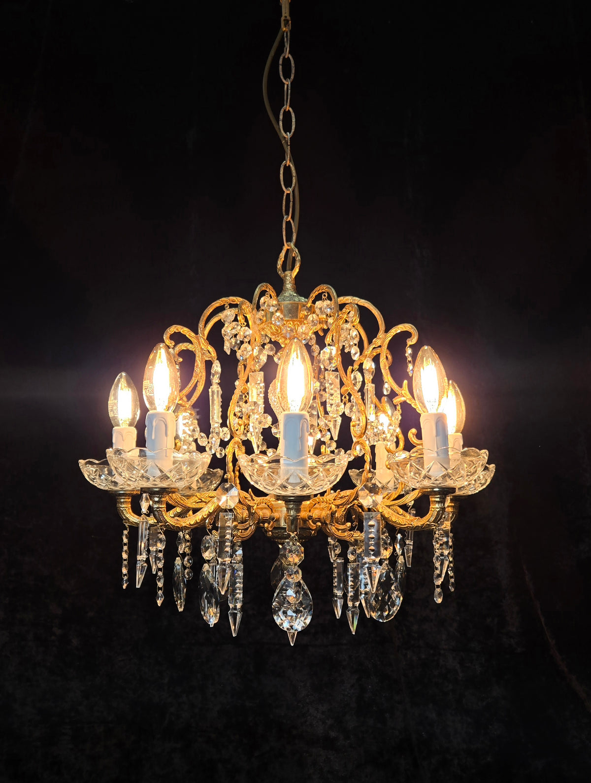 Beautiful Vintage 8 Arm Brass Cage Crystal Chandelier Ceiling Light