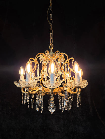 Beautiful Vintage 8 Arm Brass Cage Crystal Chandelier Ceiling Light
