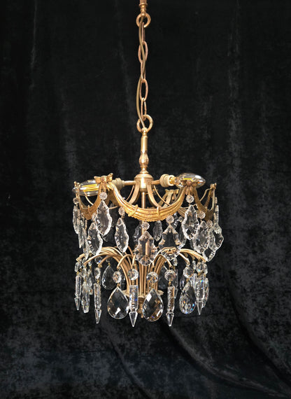 Gorgeous Antique French 3 Light Brass Crystal 2 Tier Waterfall Swags Chandelier