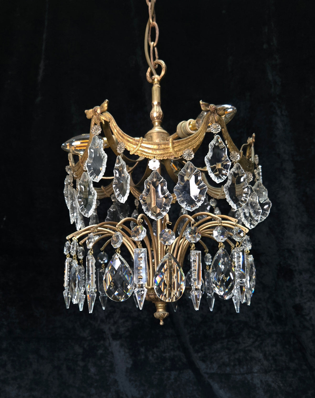 Gorgeous Antique French 3 Light Brass Crystal 2 Tier Waterfall Swags Chandelier
