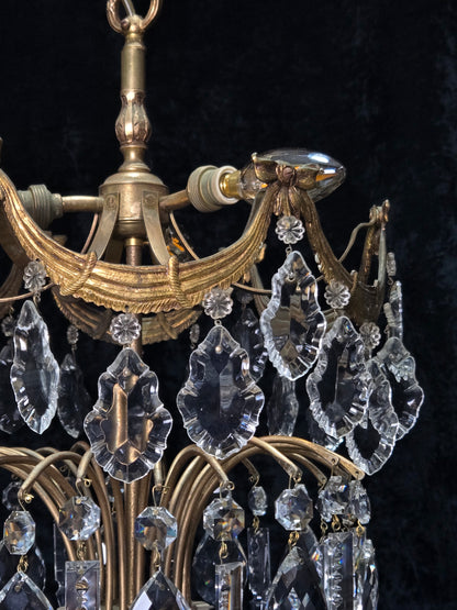 Gorgeous Antique French 3 Light Brass Crystal 2 Tier Waterfall Swags Chandelier