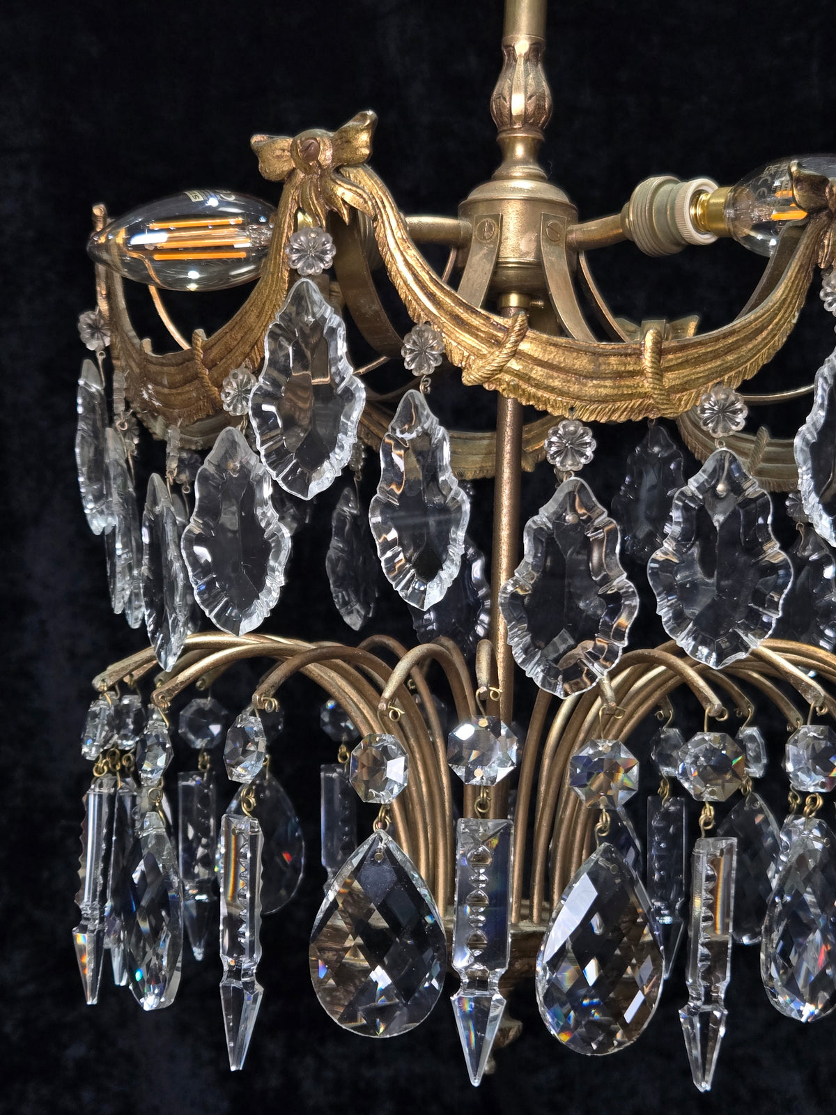 Gorgeous Antique French 3 Light Brass Crystal 2 Tier Waterfall Swags Chandelier