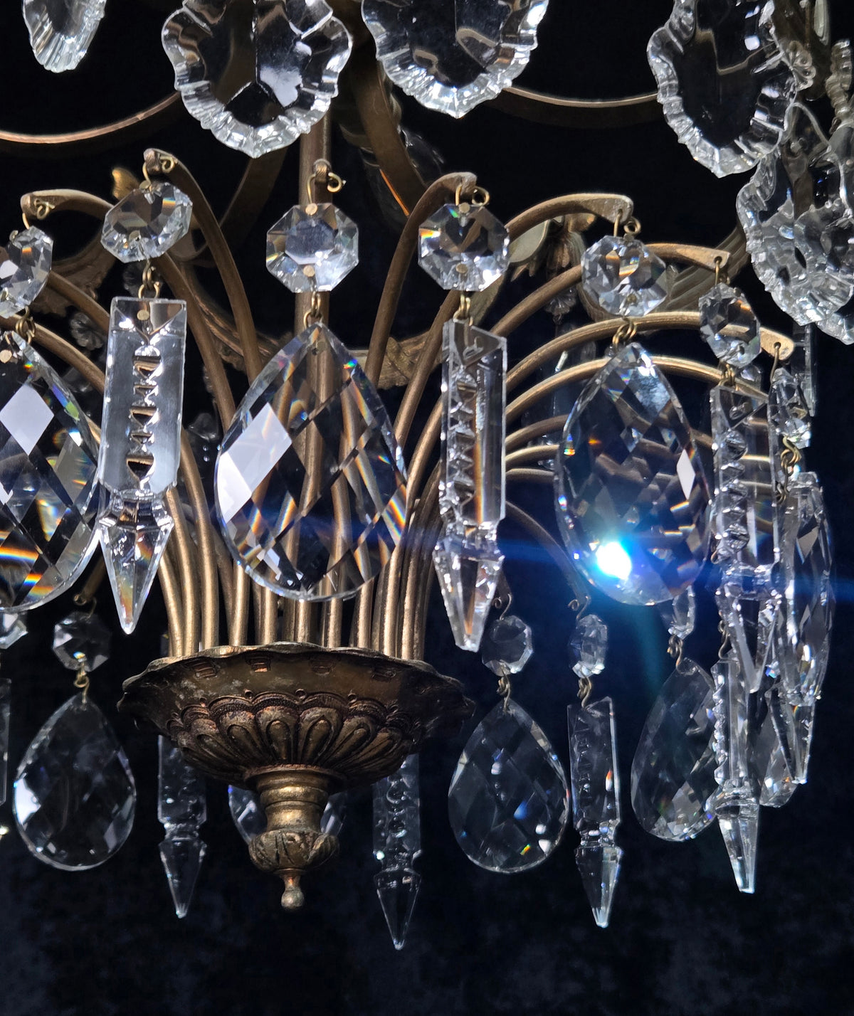 Gorgeous Antique French 3 Light Brass Crystal 2 Tier Waterfall Swags Chandelier
