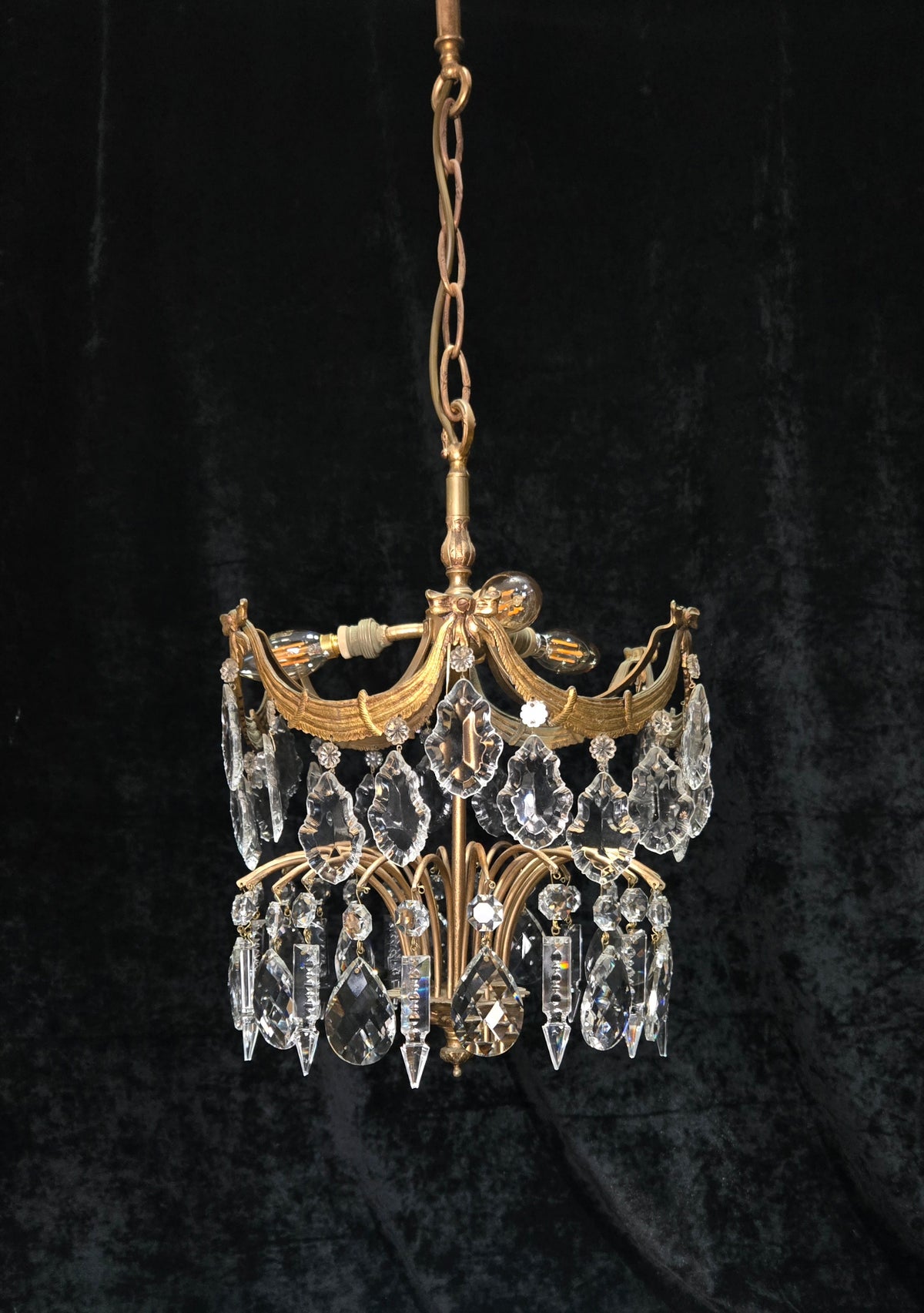Gorgeous Antique French 3 Light Brass Crystal 2 Tier Waterfall Swags Chandelier