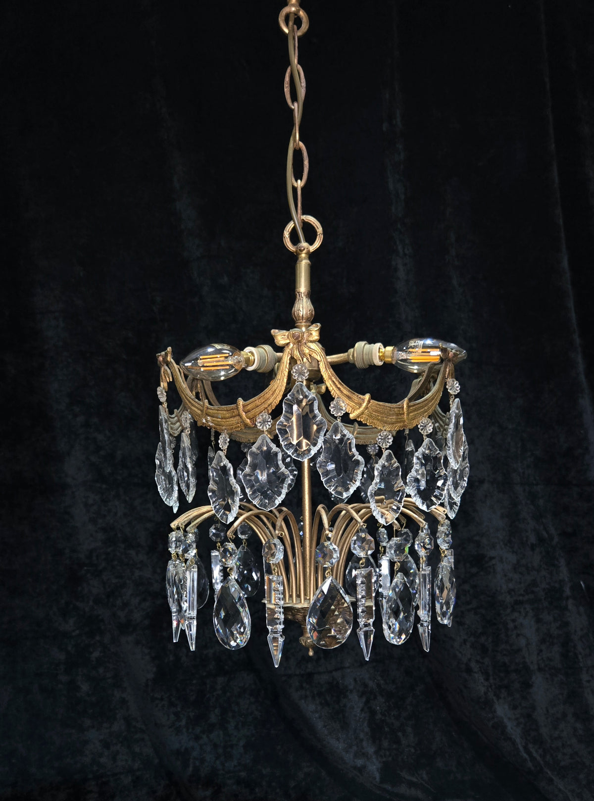 Gorgeous Antique French 3 Light Brass Crystal 2 Tier Waterfall Swags Chandelier