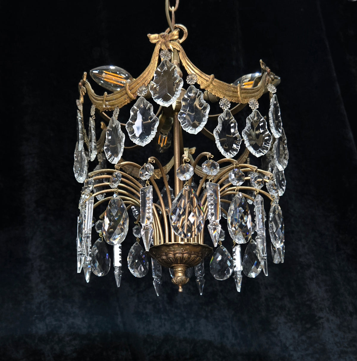 Gorgeous Antique French 3 Light Brass Crystal 2 Tier Waterfall Swags Chandelier