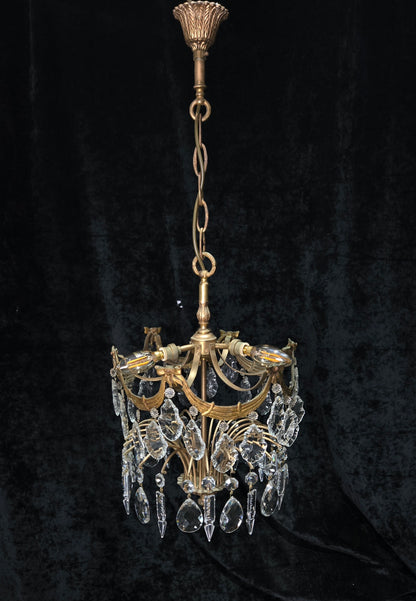 Gorgeous Antique French 3 Light Brass Crystal 2 Tier Waterfall Swags Chandelier