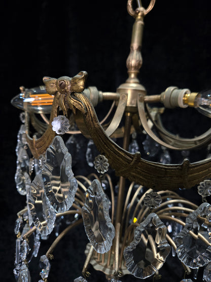 Gorgeous Antique French 3 Light Brass Crystal 2 Tier Waterfall Swags Chandelier
