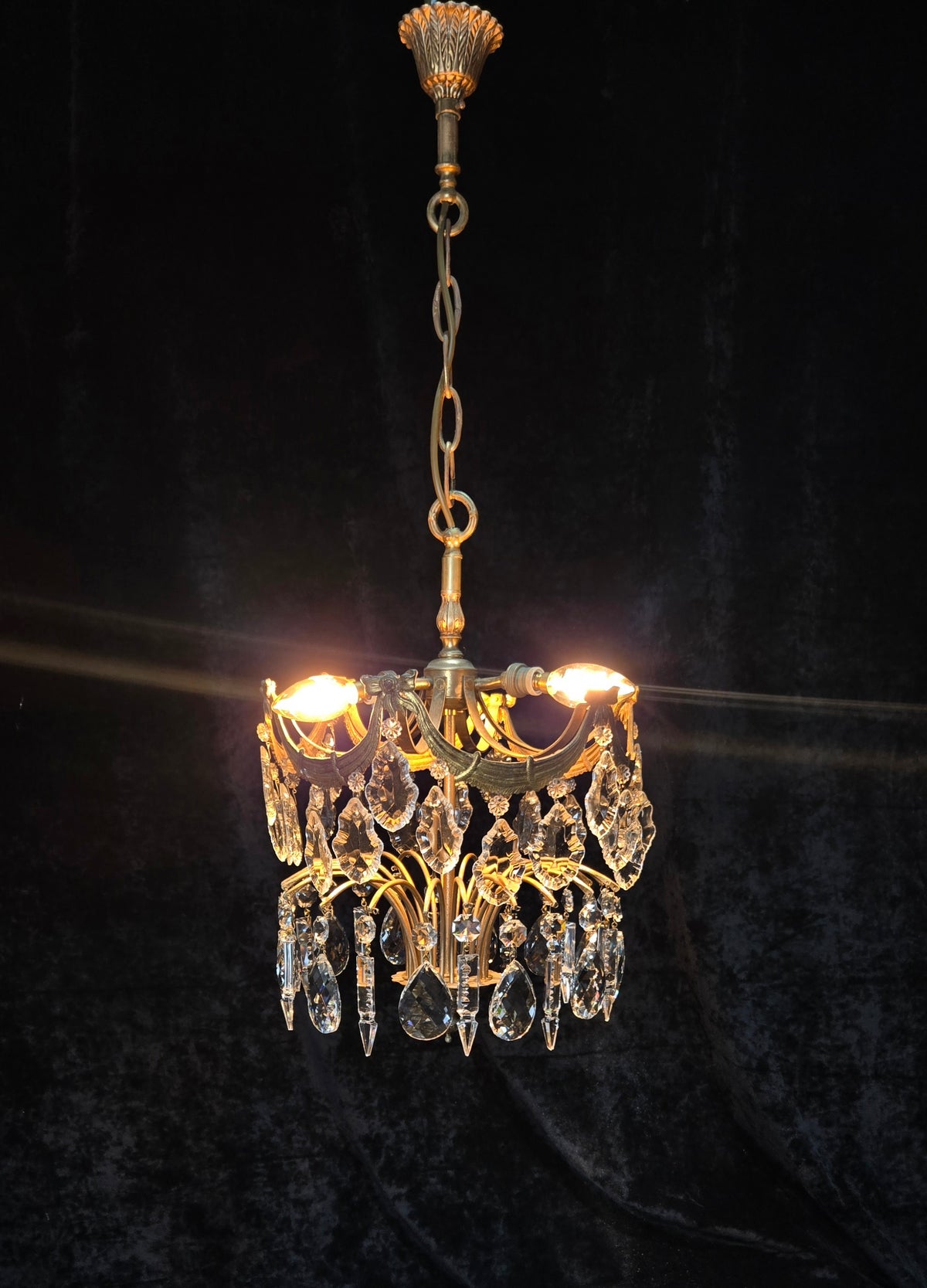 Gorgeous Antique French 3 Light Brass Crystal 2 Tier Waterfall Swags Chandelier