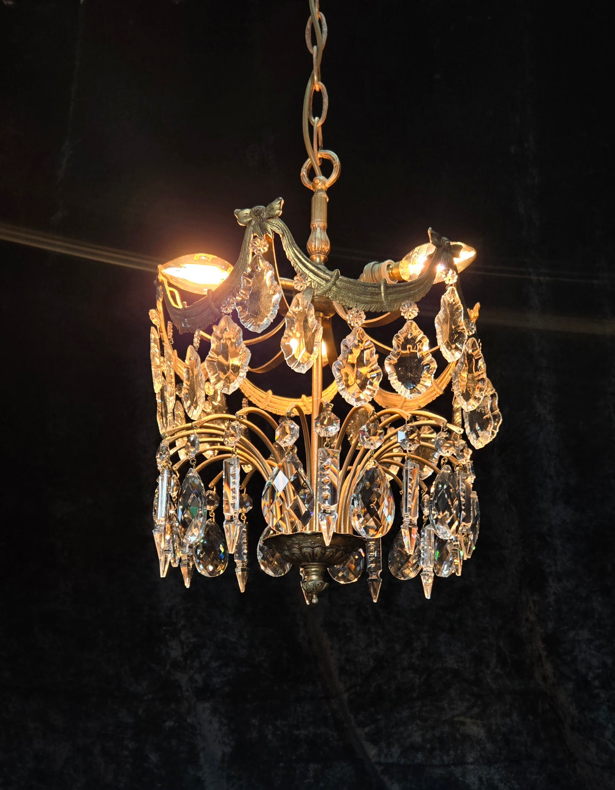 Gorgeous Antique French 3 Light Brass Crystal 2 Tier Waterfall Swags Chandelier