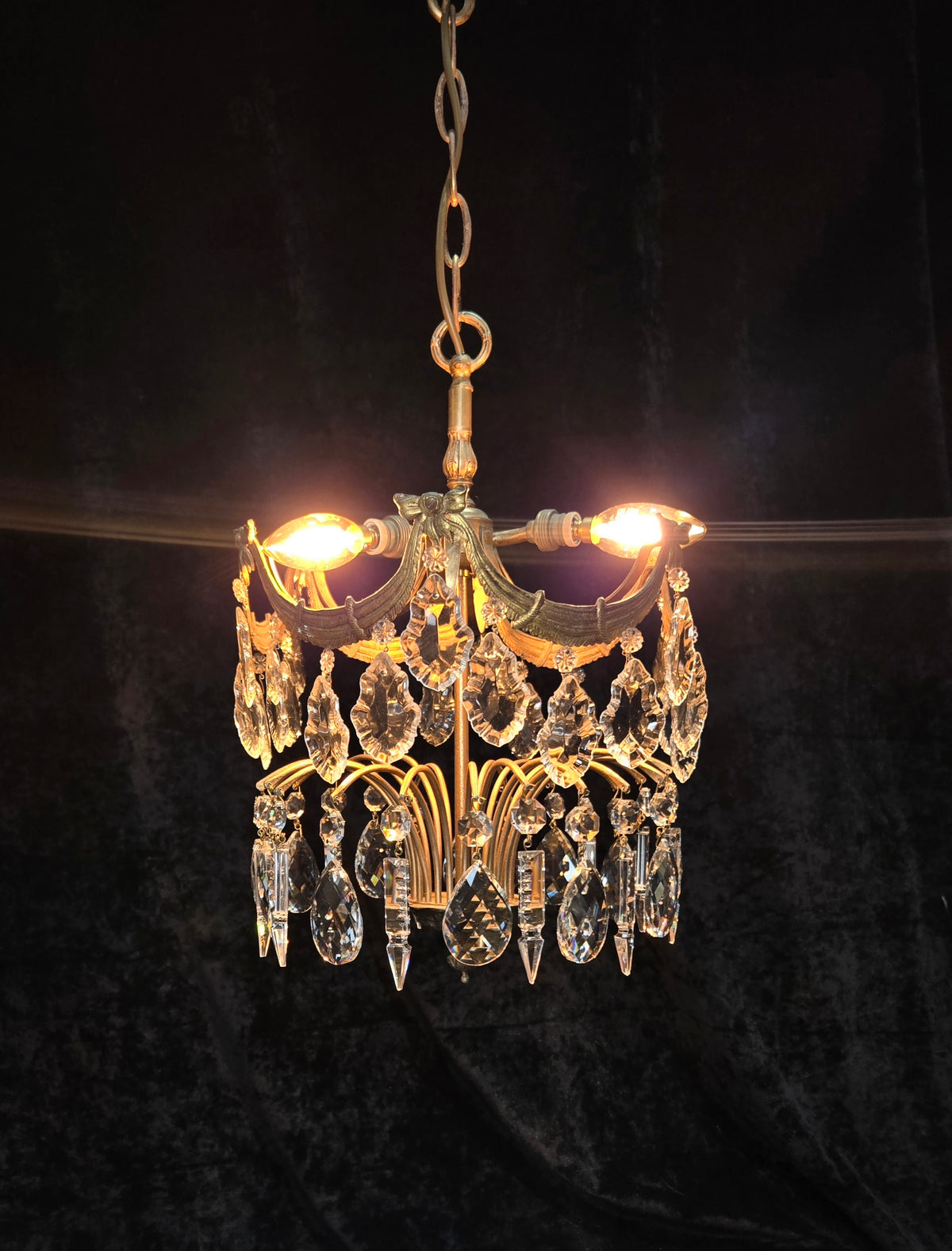 Gorgeous Antique French 3 Light Brass Crystal 2 Tier Waterfall Swags Chandelier