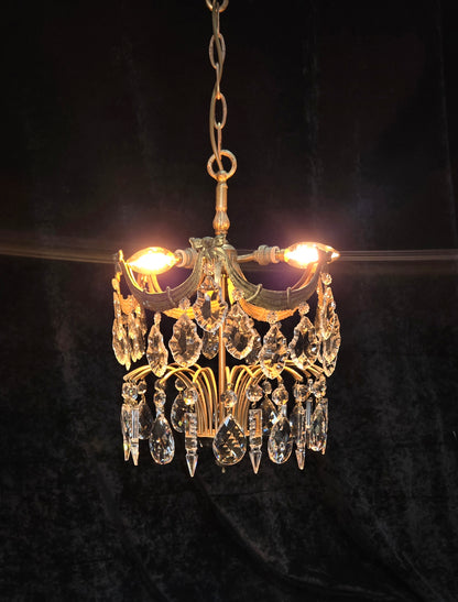 Gorgeous Antique French 3 Light Brass Crystal 2 Tier Waterfall Swags Chandelier