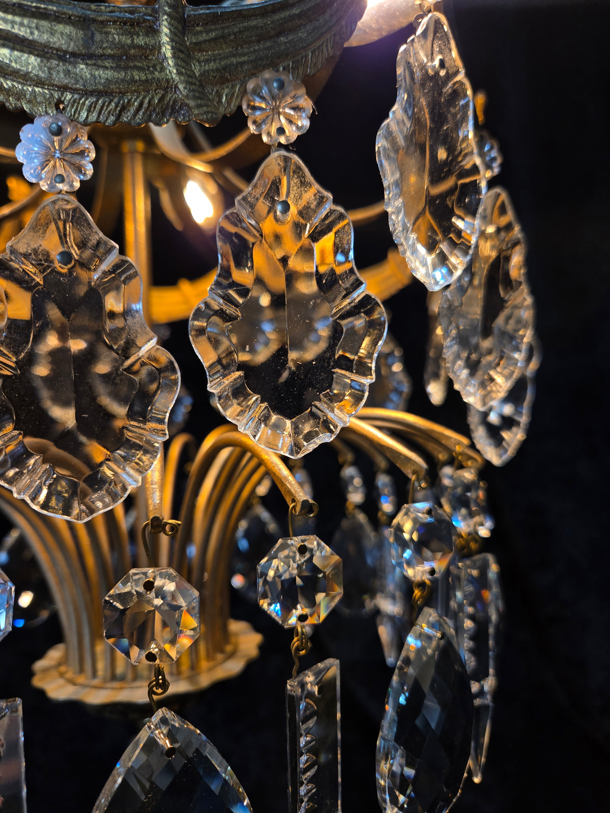 Gorgeous Antique French 3 Light Brass Crystal 2 Tier Waterfall Swags Chandelier