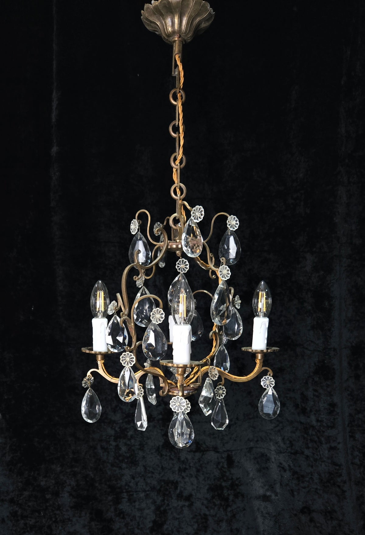 Traditional Antique French 4 Arm Bronze Cage Crystal Chandelier Light