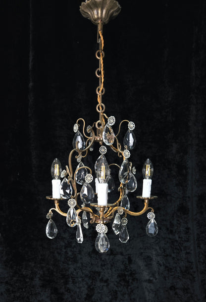 Traditional Antique French 4 Arm Bronze Cage Crystal Chandelier Light