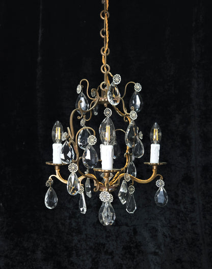 Traditional Antique French 4 Arm Bronze Cage Crystal Chandelier Light