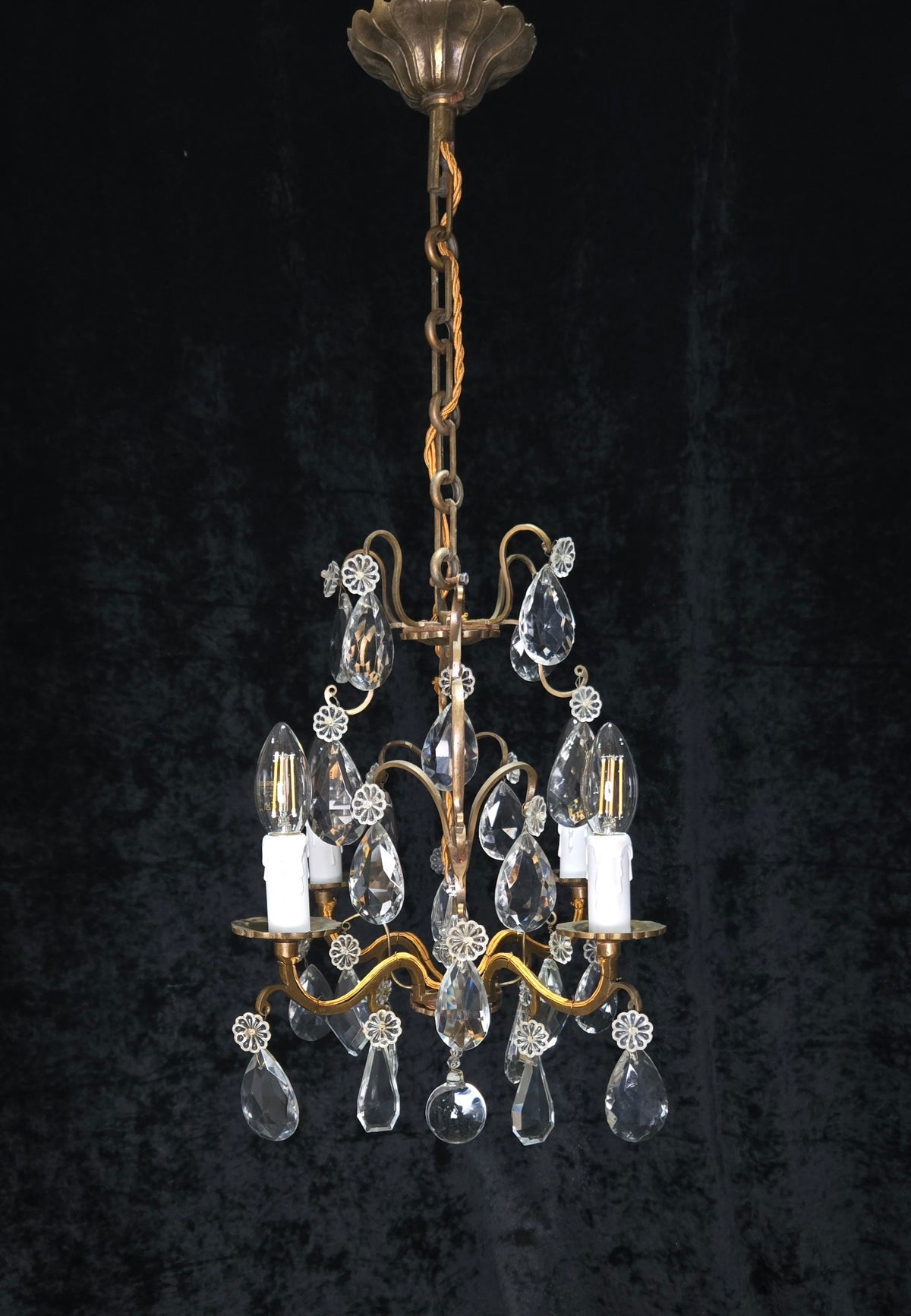 Traditional Antique French 4 Arm Bronze Cage Crystal Chandelier Light