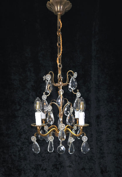 Traditional Antique French 4 Arm Bronze Cage Crystal Chandelier Light