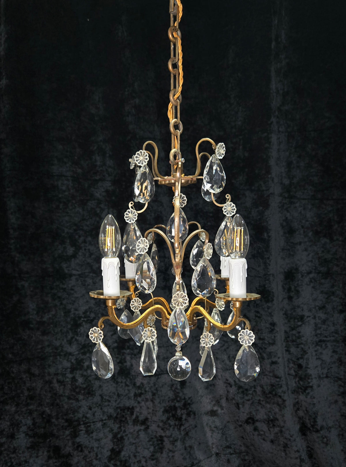 Traditional Antique French 4 Arm Bronze Cage Crystal Chandelier Light