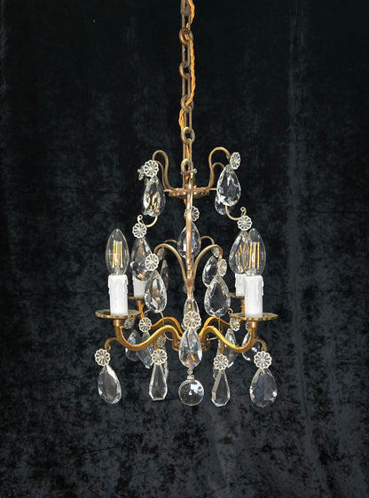Traditional Antique French 4 Arm Bronze Cage Crystal Chandelier Light