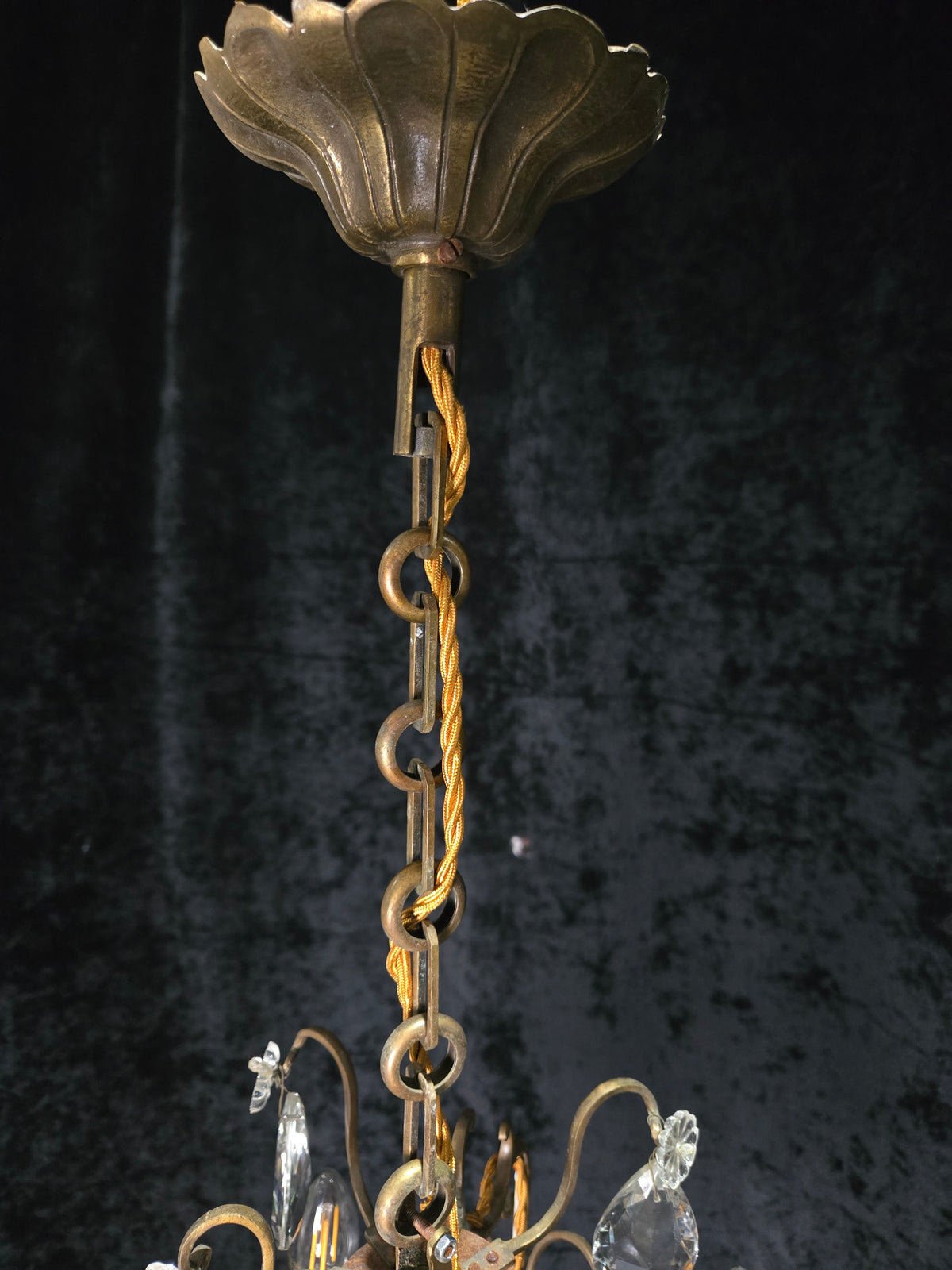 Traditional Antique French 4 Arm Bronze Cage Crystal Chandelier Light
