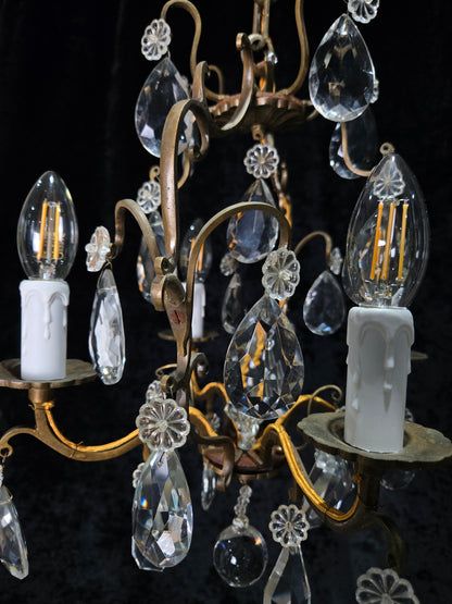 Traditional Antique French 4 Arm Bronze Cage Crystal Chandelier Light