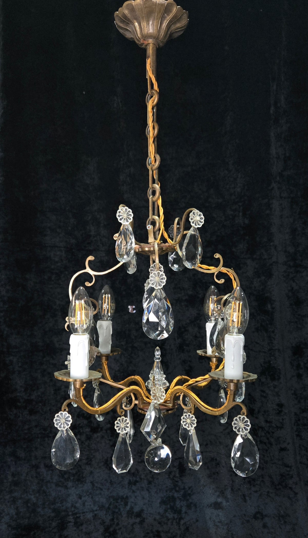 Traditional Antique French 4 Arm Bronze Cage Crystal Chandelier Light