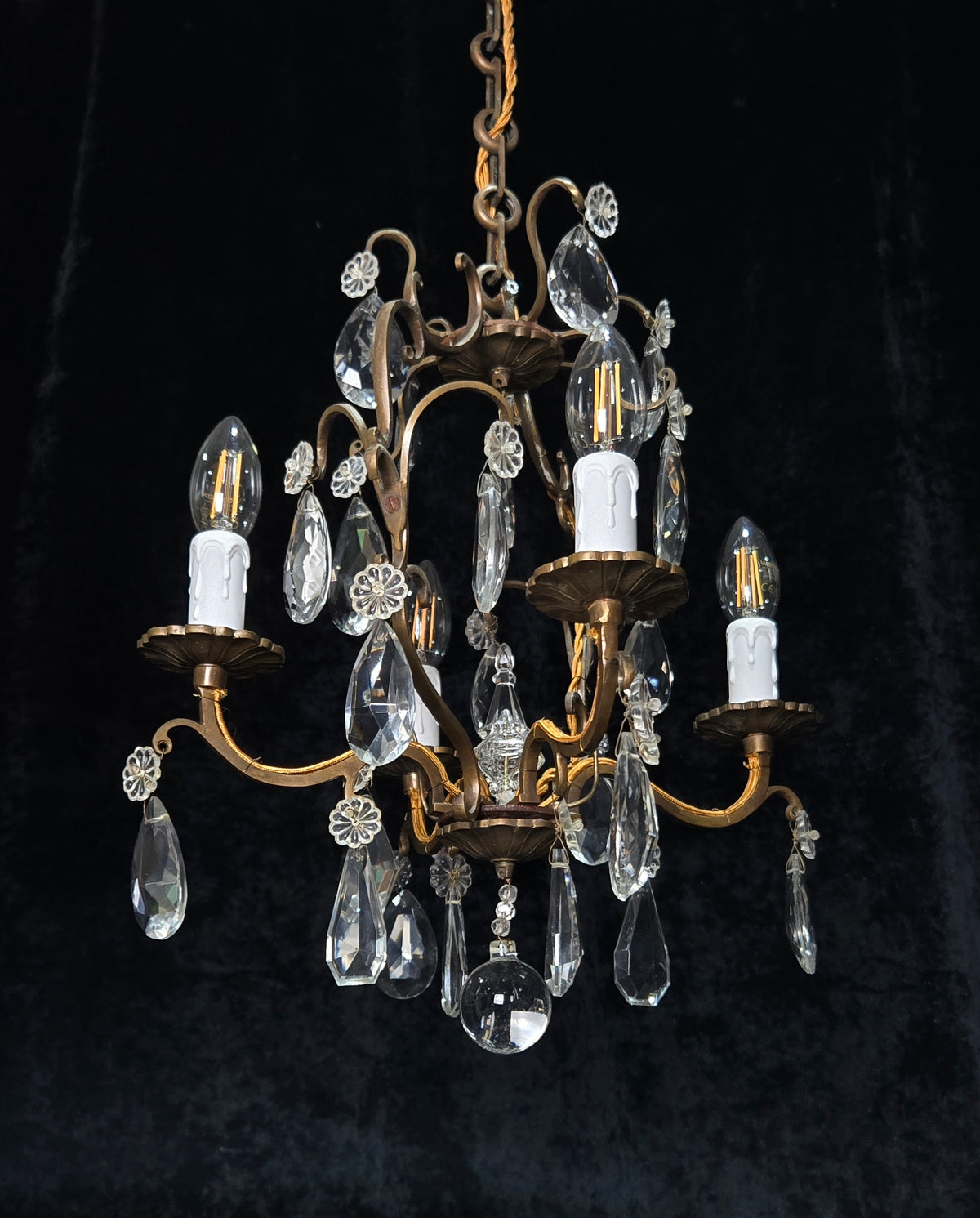 Traditional Antique French 4 Arm Bronze Cage Crystal Chandelier Light