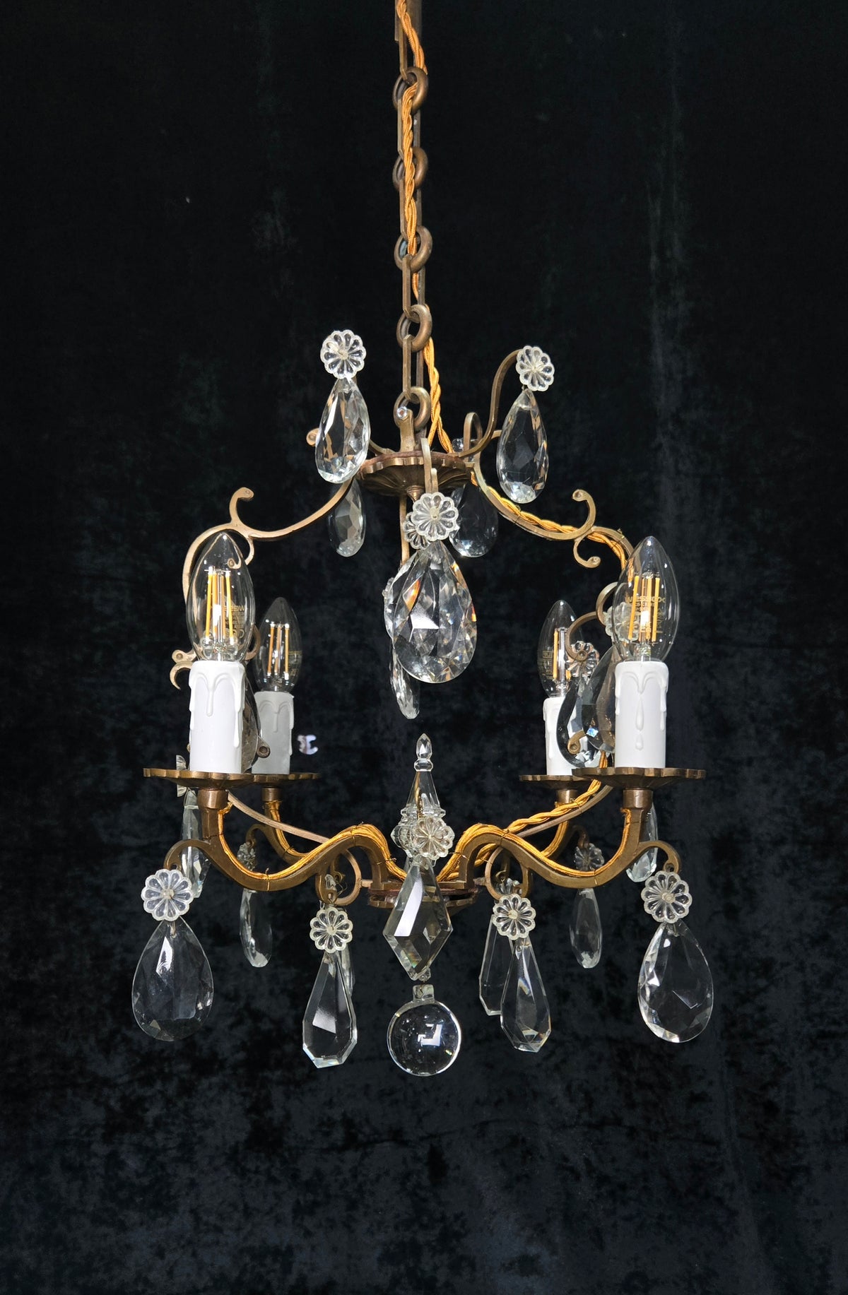 Traditional Antique French 4 Arm Bronze Cage Crystal Chandelier Light