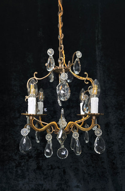 Traditional Antique French 4 Arm Bronze Cage Crystal Chandelier Light