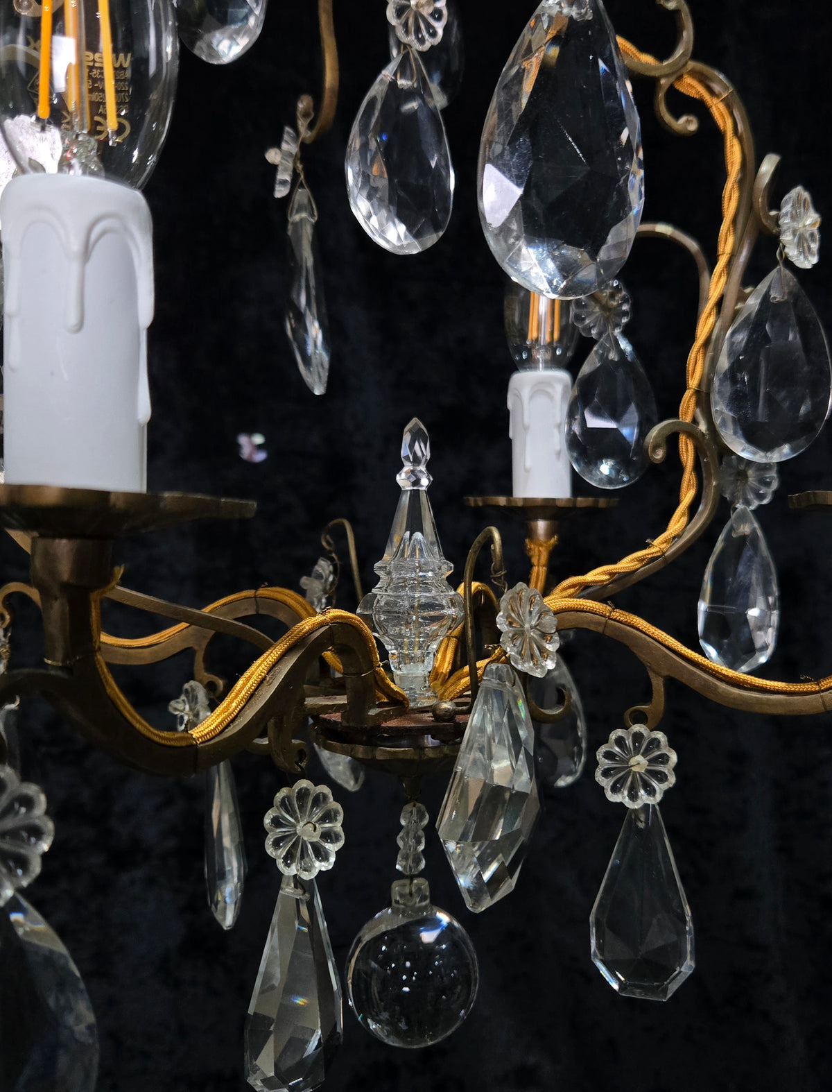 Traditional Antique French 4 Arm Bronze Cage Crystal Chandelier Light